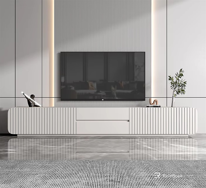 Modern White TV Stand With Vertical Stripe Design TV Decorations And Green Plant 3d model 