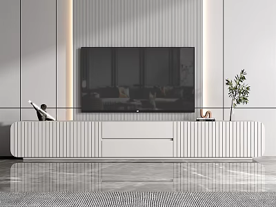 Modern White TV Stand With Vertical Stripe Design TV Decorations And Green Plant 3d model