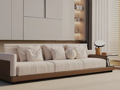 Modern Beige Three Seater Sofa With Soft Fabric Cushions And Wooden Side Table Lamp 3d model