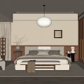 Cozy Modern Bedroom Interior With Bed Wooden Wardrobe Rug Pendant Light And Framed
