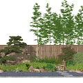 Garden Wall Design With Tall Trees Green Plants And Decorative Stones