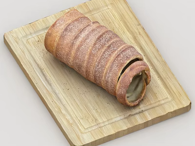 Golden Brown Sweet Roll Dusted With Powdered Sugar And Creamy Filling On Wooden Cutting Board 3d model