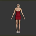 Woman In Red Dress Standing Against Gray Background With White Sandals