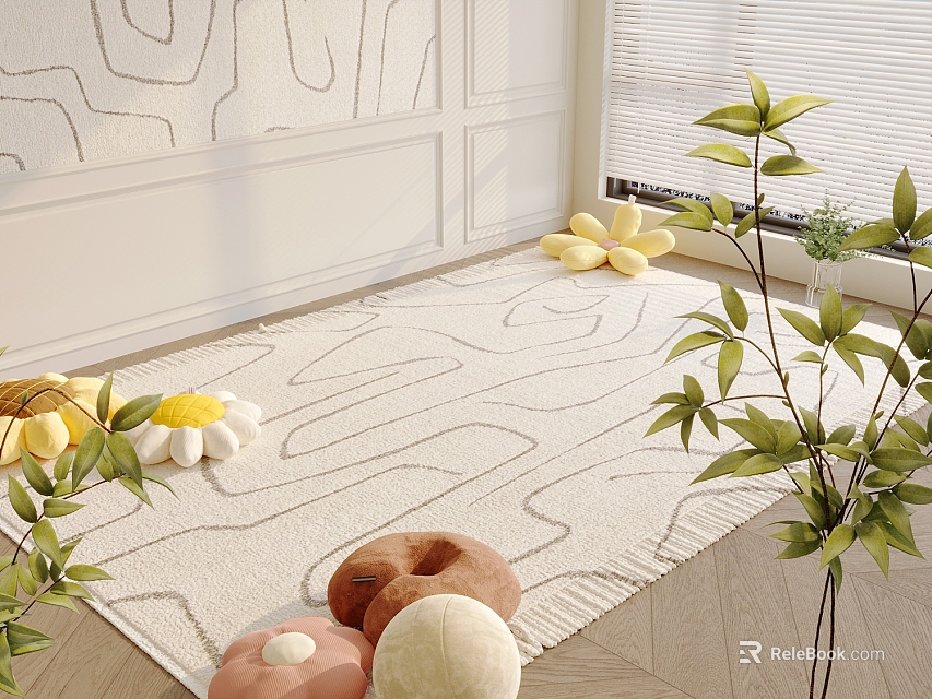 Soft Plush Bean Bag Chair For Cozy Home Living Room With Decorative Plants And Rug 3d model 