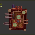 Steampunk Style Equipment With Brass Pipes Multiple Gauges Wooden Frame And Small Black Chimney