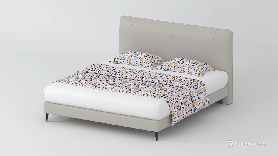 Modern Double Bed With Light Gray Leather Headboard And Geometric Pattern Quilt 3d model
