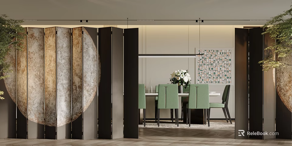 Ornamental Folding Screen in Modern Dining Area with Green Chairs 3d model 
