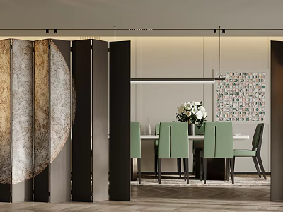 Ornamental Folding Screen in Modern Dining Area with Green Chairs 3d model