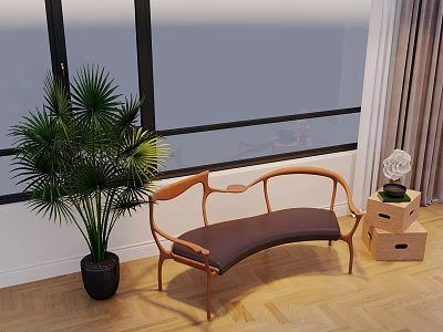 Modern Leisure Chair Interior With Palm Plant Large Window Herringbone Wooden Floor And Crates 3d model