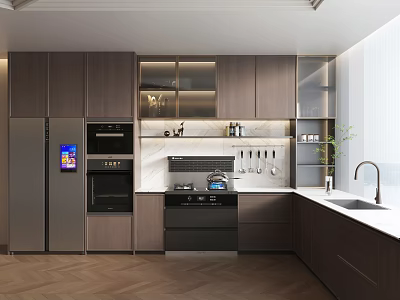 Modern Kitchen Interior With Dark Wooden Cabinets Integrated Appliances And Sleek White Countertop 3d model