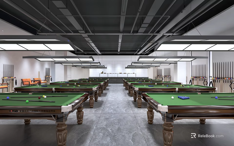 Spacious Billiard Room Interior With Multiple Green Felt Tables Modern Lighting And Wooden Legs 3d model 
