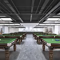 Spacious Billiard Room Interior With Multiple Green Felt Tables Modern Lighting And Wooden Legs