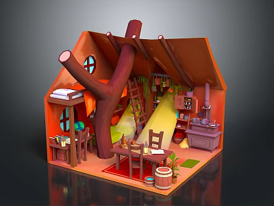 Whimsical Cottage Interior Design With Tree Trunk Ladder Dining Table Bookshelf Stove And Hanging Plants 3d model