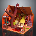 Whimsical Cottage Interior Design With Tree Trunk Ladder Dining Table Bookshelf Stove And Hanging Plants