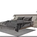 Modern Double Bed With Wooden Headboard Gray Pillows Checkered Quilt Nightstands Lamp Rug Pendant Light