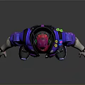Futuristic Cyberpunk Character With Pink Helmet Green Horns Purple Jacket Black Pants And Blue Accents