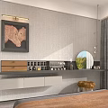 Dressing Table Gray Wall With Two Horses Painting Drawers Wine Rack Mirror Orange Chair Curtain