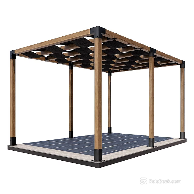 Outdoor Wooden Garden Pergola With Grid Roof Frame And Columns On Platform 3d model 