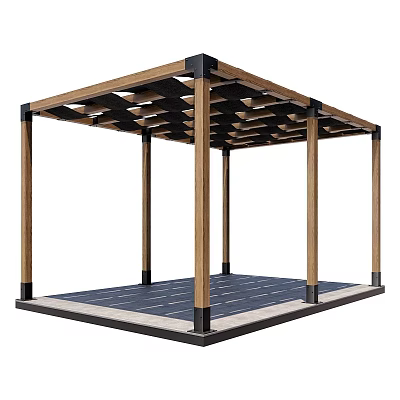 Outdoor Wooden Garden Pergola With Grid Roof Frame And Columns On Platform 3d model