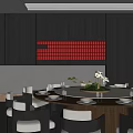 Elegant Private Dining Room Interior With Dark Wall Red Grille Round Table And Orchids 3d model