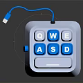 White Mini USB Keyboard with Blue Keys Letters A W E S D and Cable 3d model