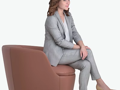 Businesswoman in Gray Suit Sitting on Brown Chair with Relaxed Posture 3d model