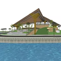 Modern Architectural Structure With Unique Roof Design Palm Trees Green Slope And Water Reflection