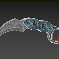Tactical Weapon With Curved Metal Blade Blue Red Handle And Multiple Circular Holes Design