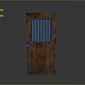 Rusty Brown Wooden Door With Vertical Metal Bars And Old Rustic Appearance