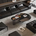 Modern Black Leather Sofa And Coffee Table Set With Armchairs Ottoman And Floor Lamp
