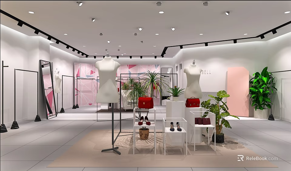 Modern Clothing Store Interior With White Mannequins Green Plants Pink Decor And Shoes 3d model 