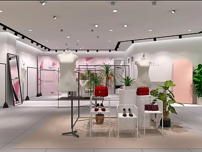 Modern Clothing Store Interior With White Mannequins Green Plants Pink Decor And Shoes 3d model