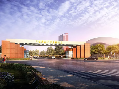 Modern College Entrance Gate With Red Brick Structure Road Vehicles And Green Landscaping 3d model