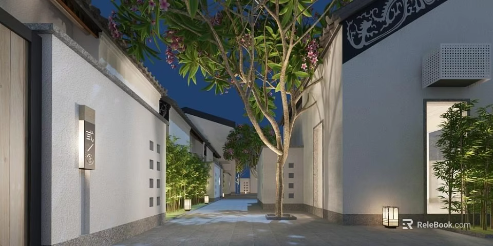 Classical Garden Landscape With Traditional Architecture Flowering Tree And Warm Lighting In Courtyard 3d model 
