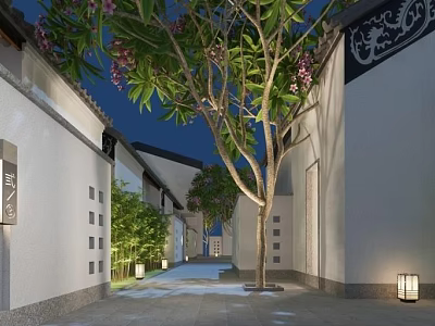 Classical Garden Landscape With Traditional Architecture Flowering Tree And Warm Lighting In Courtyard 3d model