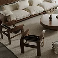 Modern Living Room With Beige Sofas Round Coffee Table And Wooden Furniture