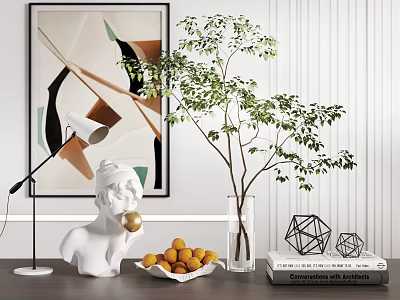 Decorative Ornament Combination With White Sculpture Fruit Bowl Glass Vase Green Plant And Geometric Ornaments 3d model
