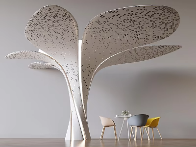 Tree Shaped Column With Curved Leaf Structure Perforated Surface And Colored Chairs Table 3d model