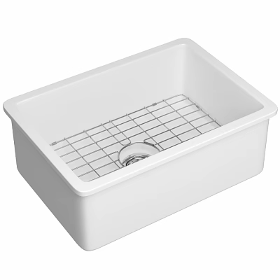 White Single Bowl Kitchen Sink With Metal Grid Rack And Drain 3d model