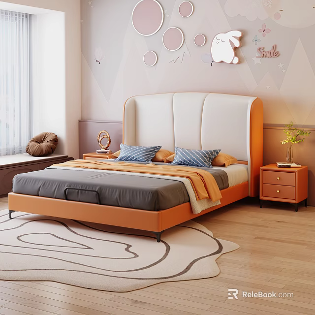 Modern Double Bed with White Orange Headboard Gray Mattress Blue Pillows and Orange Blanket 3d model 