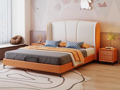 Modern Double Bed with White Orange Headboard Gray Mattress Blue Pillows and Orange Blanket 3d model