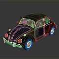 Classic Silver Beetle Car Featuring Red Interior On Dark Shiny Background