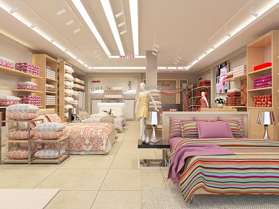 Spacious Mall Bedding Store With Beds Pillows Shelves And Mannequins 3d model