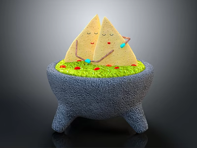 Cartoon Style Triangular Food In Gray Three Legged Pot With Green Base And Smiling Faces 3d model