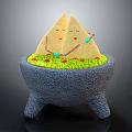 Cartoon Style Triangular Food In Gray Three Legged Pot With Green Base And Smiling Faces