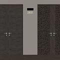 Dark Wooden Double Doors With Wavy And Perforated Textured Patterns And Wall Lamp