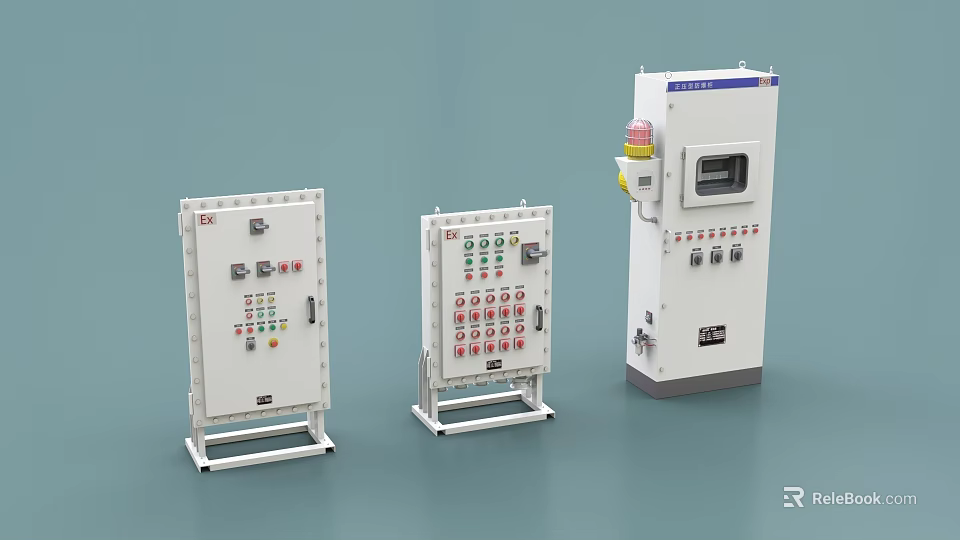 Three Industrial Electrical Control Enclosures With Buttons Indicator Lights Display Screen And Mounting Bases 3d model 