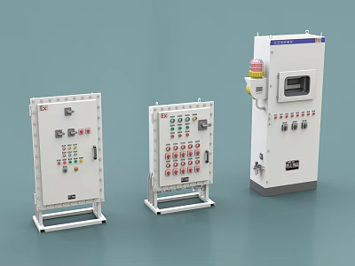 Three Industrial Electrical Control Enclosures With Buttons Indicator Lights Display Screen And Mounting Bases 3d model