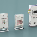 Three Industrial Electrical Control Enclosures With Buttons Indicator Lights Display Screen And Mounting Bases