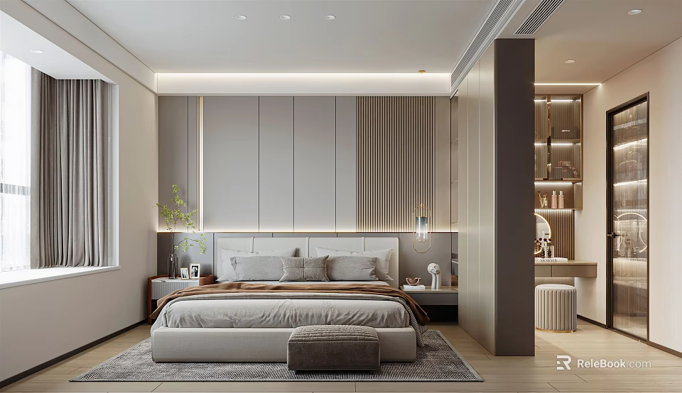 Modern Bedroom Interior Design With Large Bed Padded Bench Rug And Wall Paneling 3d model 